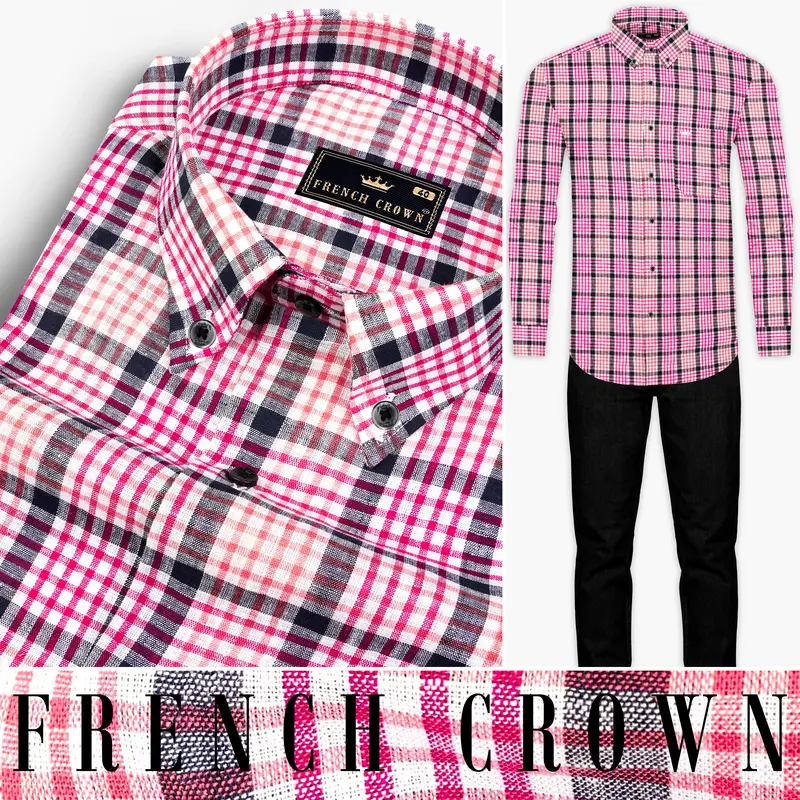 White And Bittersweet Peach Multicolour Plaid Luxurious Linen Shirt 8