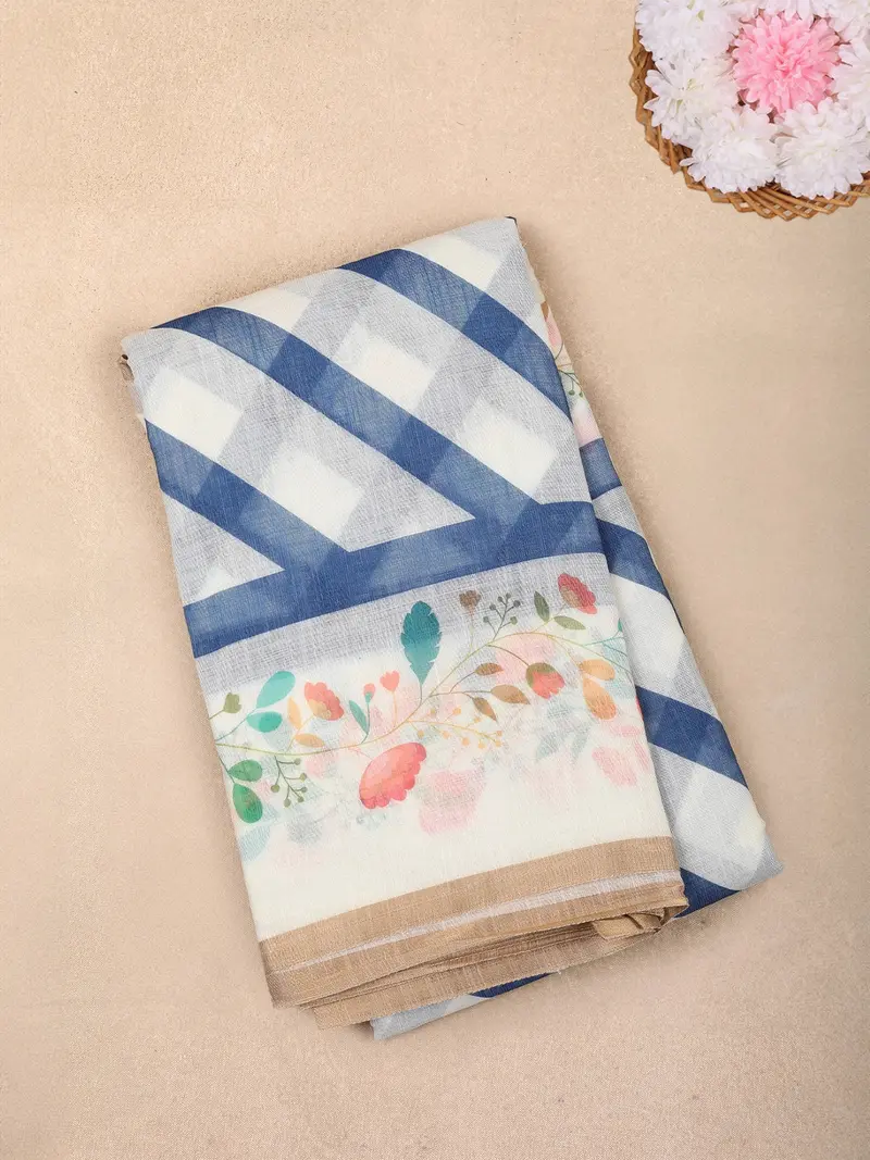 White And Blue Checked Printed Design Linen Cotton Saree With Floral Border 1