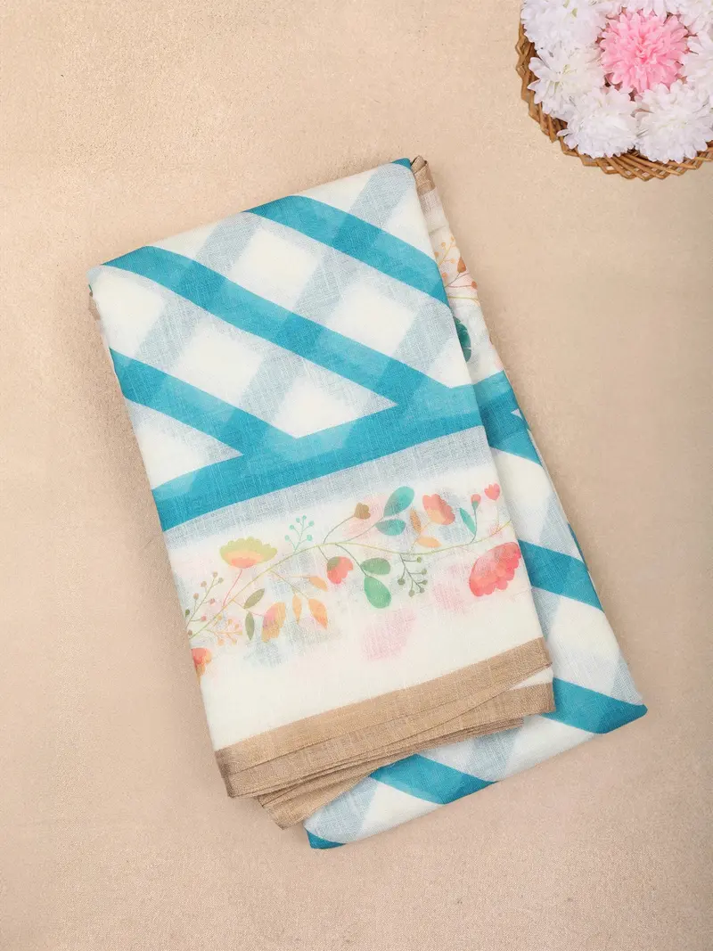 White And Blue Checked Printed Design Linen Cotton Saree With Floral Border 1