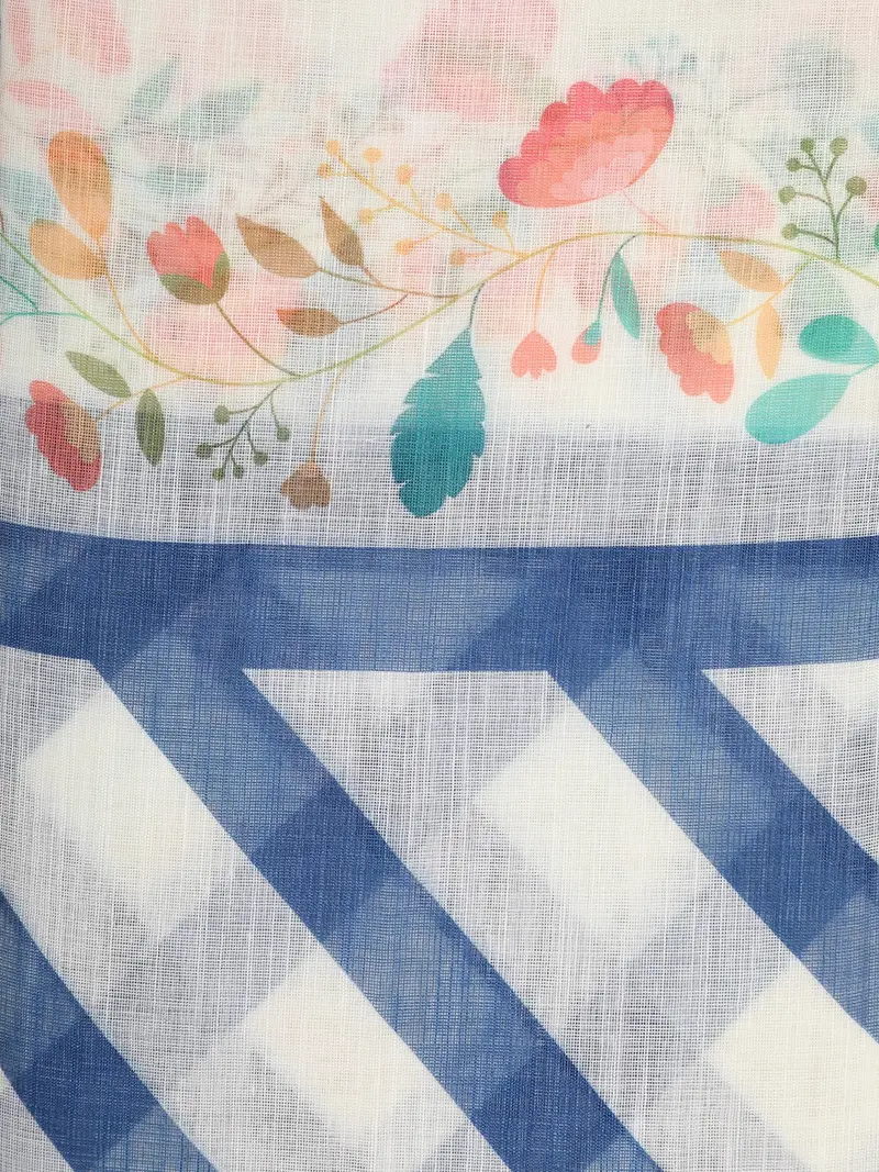 White And Blue Checked Printed Design Linen Cotton Saree With Floral Border 2