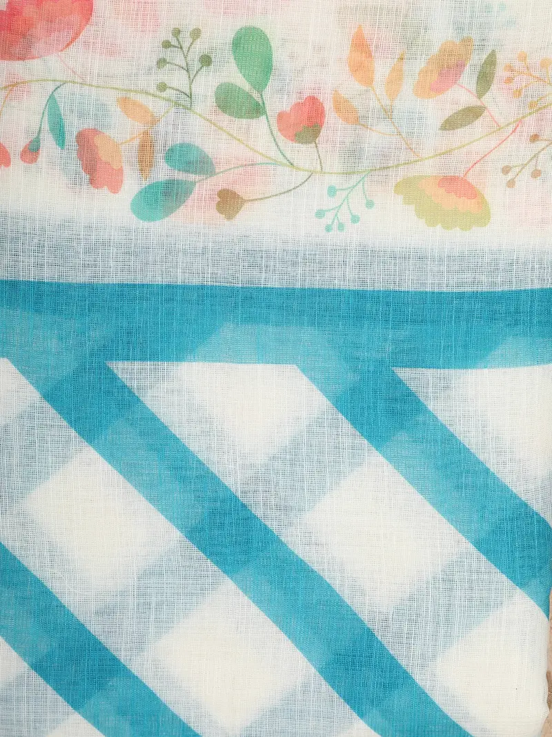 White And Blue Checked Printed Design Linen Cotton Saree With Floral Border 2