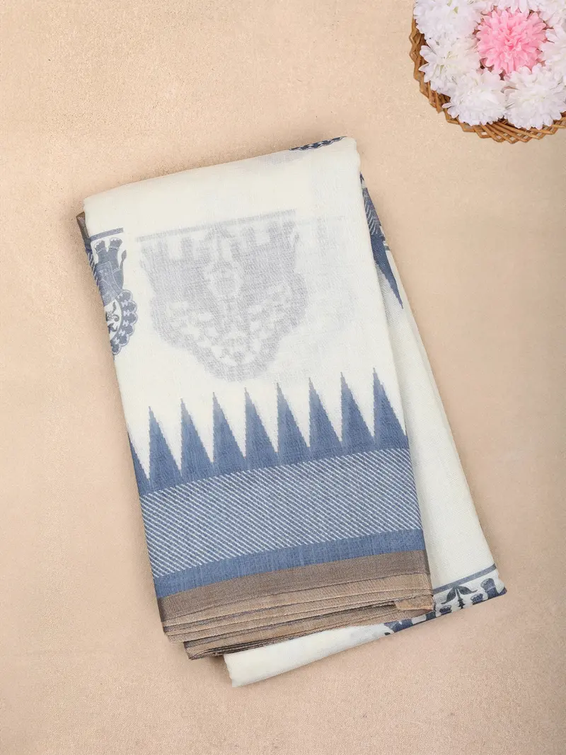 White And Blue Elephant Printed Design Linen Cotton Saree With Contrast Woven Border 1