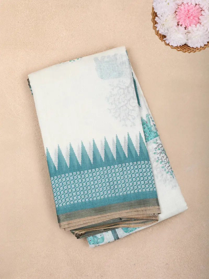 White And Blue Elephant Printed Design Linen Cotton Saree With Contrast Woven Border 1