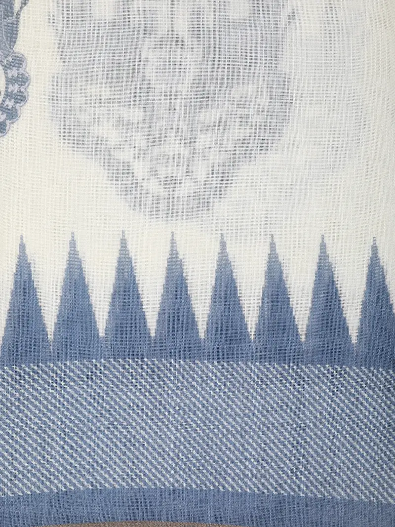 White And Blue Elephant Printed Design Linen Cotton Saree With Contrast Woven Border 2