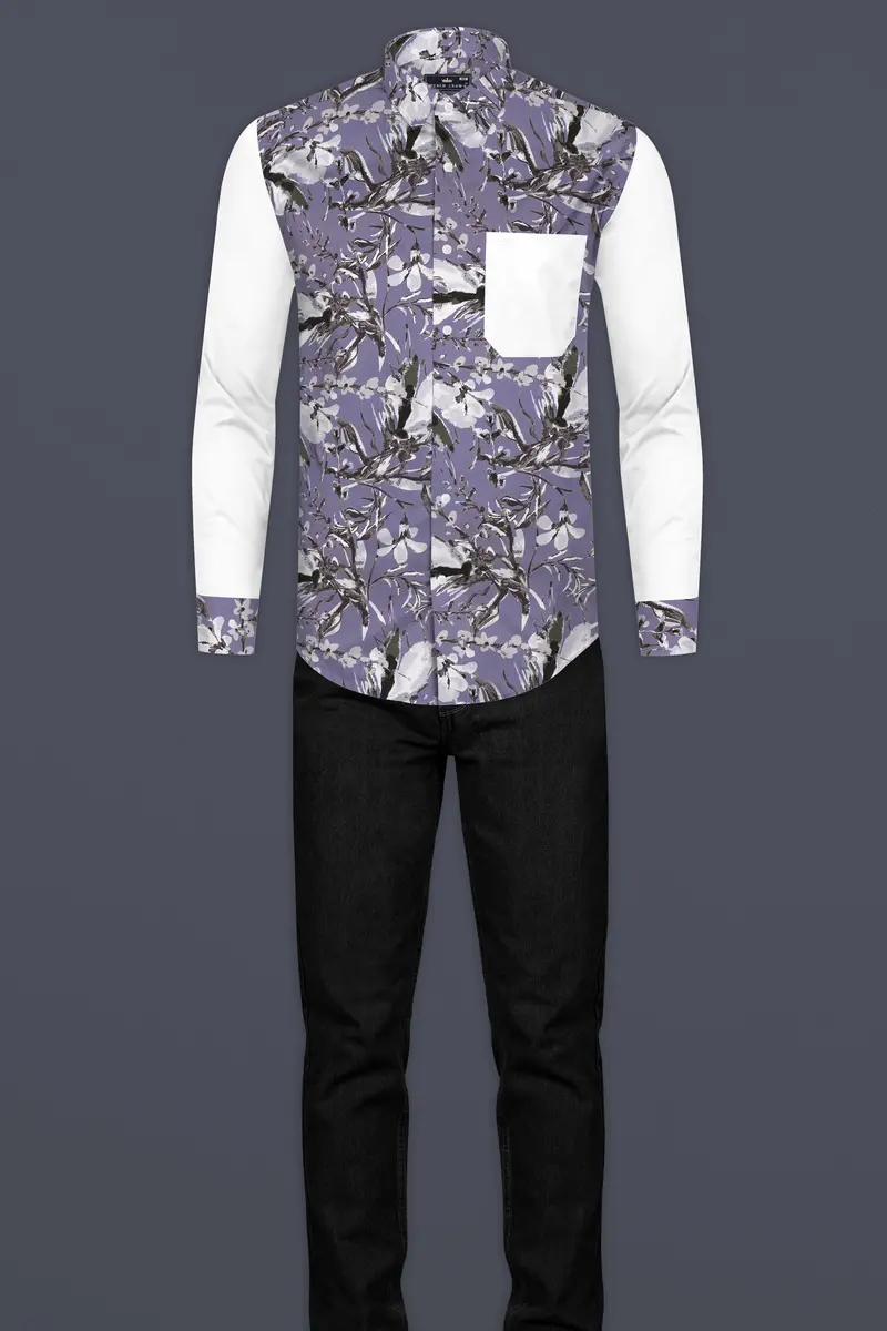 White And Bouquet Purple Floral Printed Super Soft Premium Cotton Designer Shirt 7
