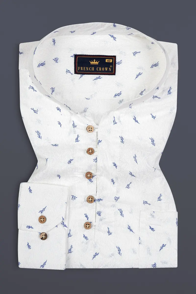 White And Chambray Blue Leaf Printed Premium Cotton Kurta Shirt 2