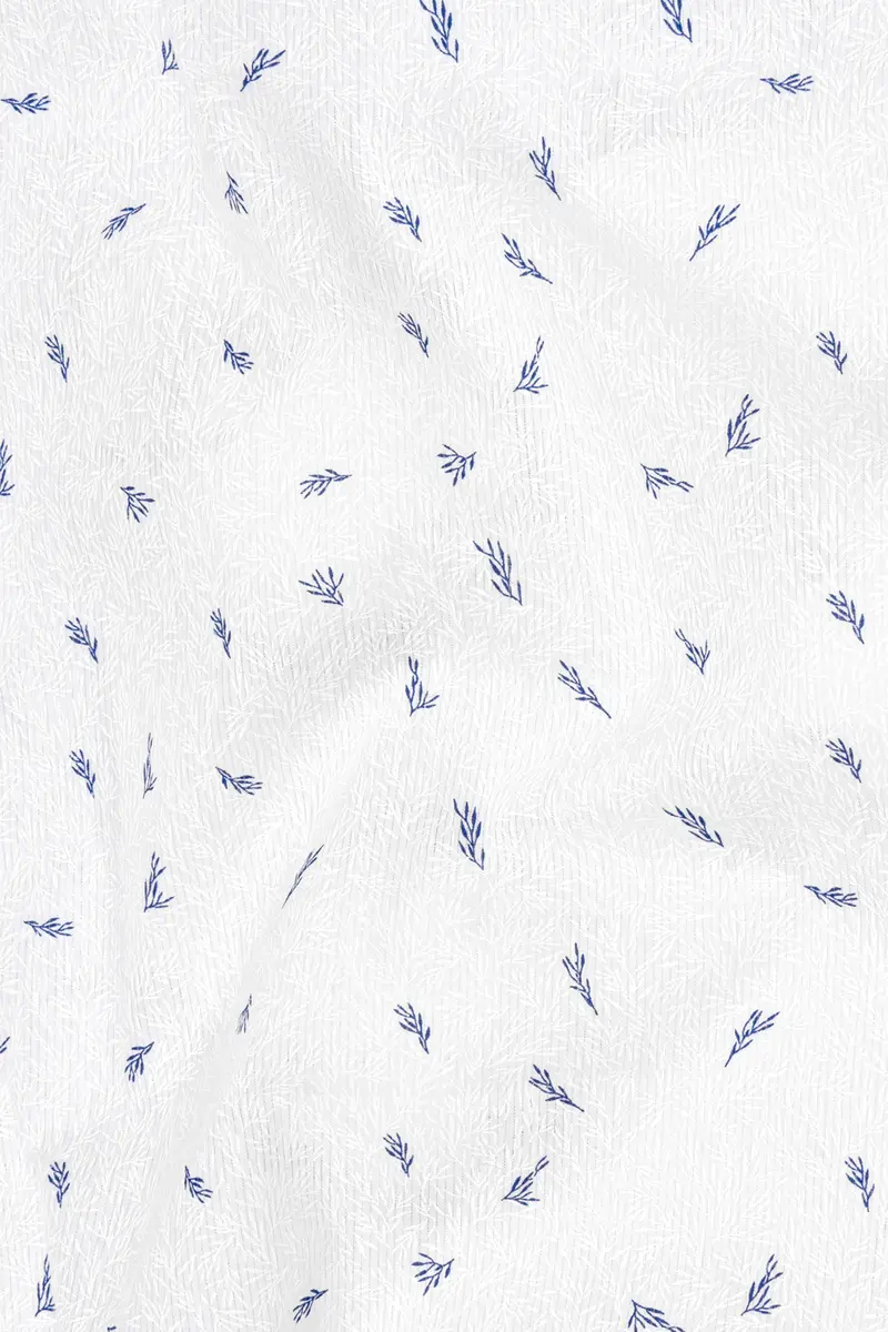 White And Chambray Blue Leaf Printed Premium Cotton Kurta Shirt 3
