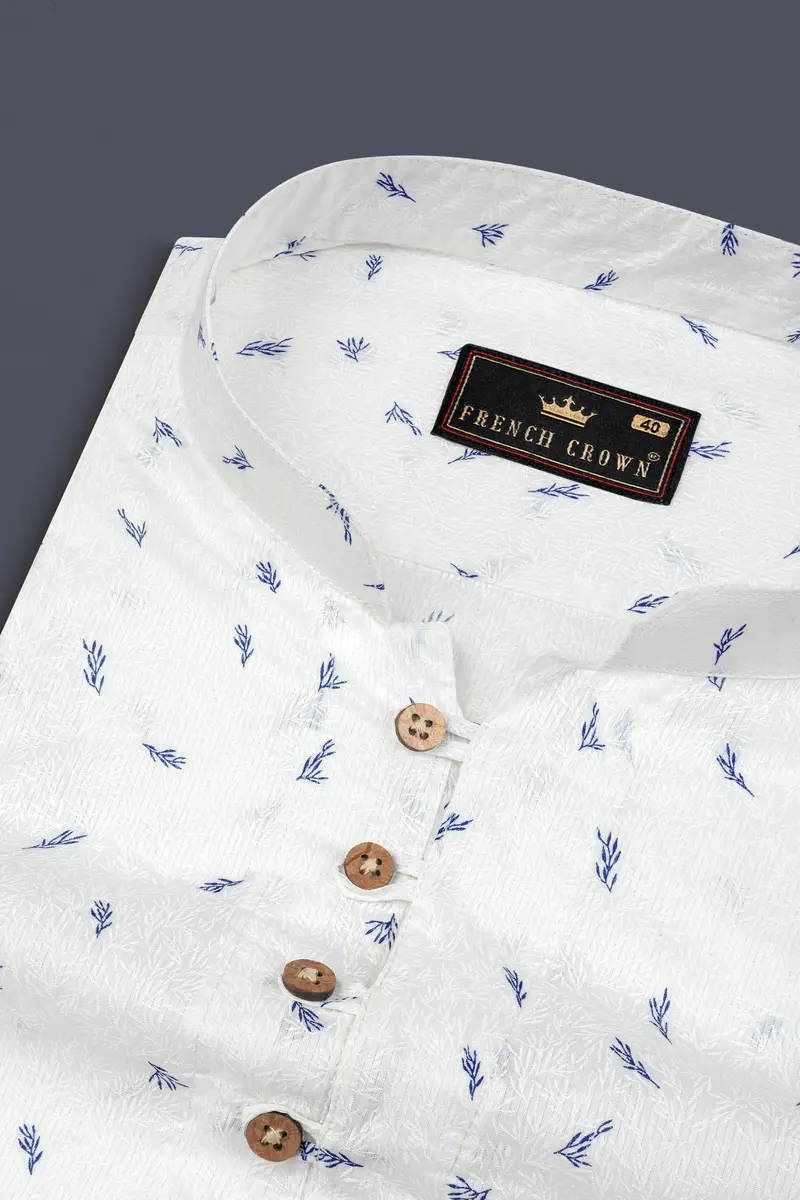 White And Chambray Blue Leaf Printed Premium Cotton Kurta Shirt 4