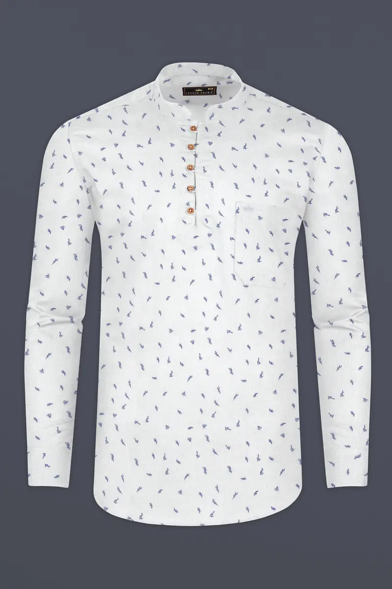 White And Chambray Blue Leaf Printed Premium Cotton Kurta Shirt 5