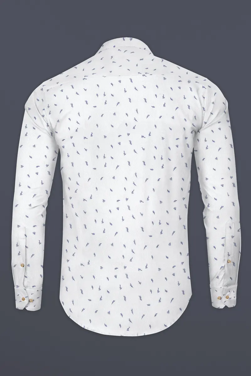 White And Chambray Blue Leaf Printed Premium Cotton Kurta Shirt 6