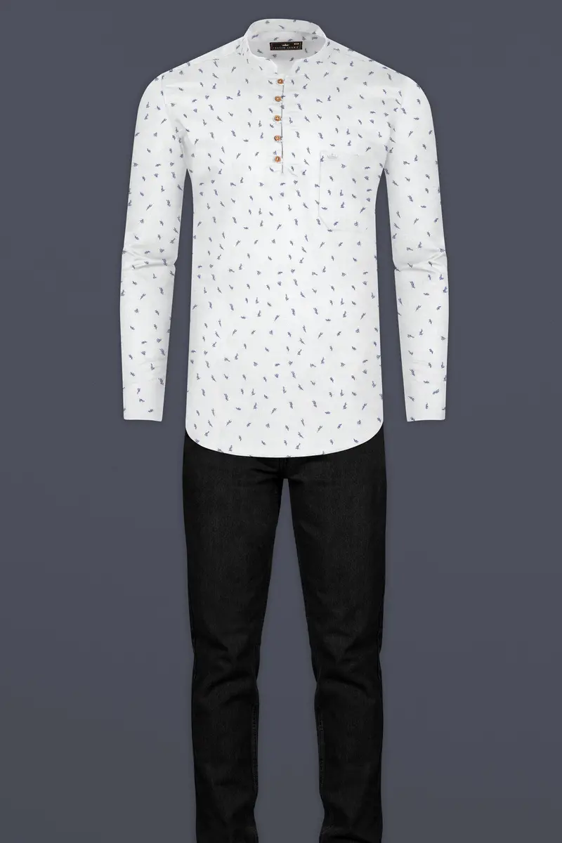 White And Chambray Blue Leaf Printed Premium Cotton Kurta Shirt 7