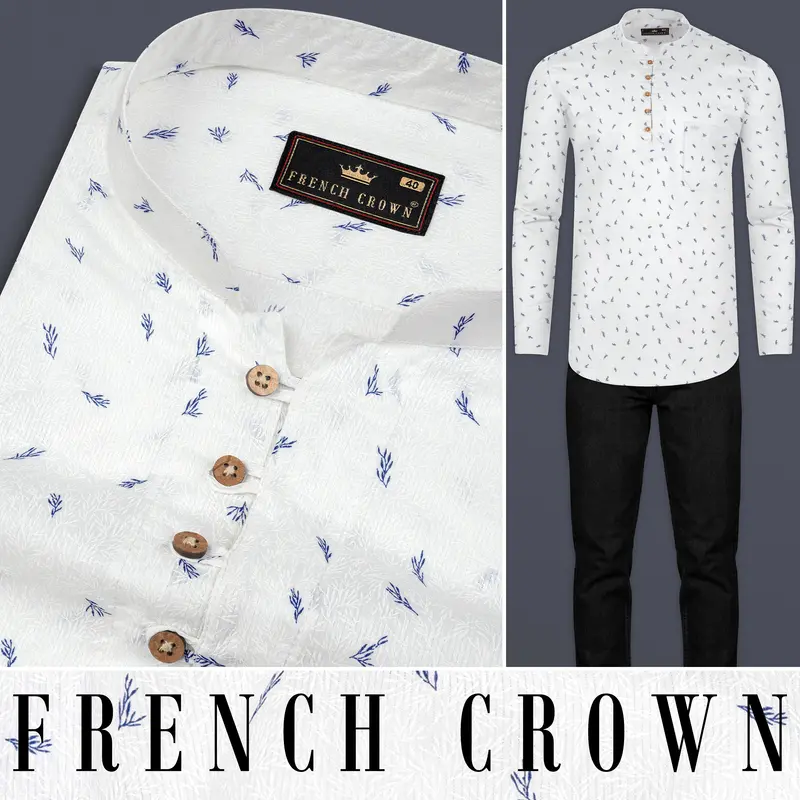 White And Chambray Blue Leaf Printed Premium Cotton Kurta Shirt 8