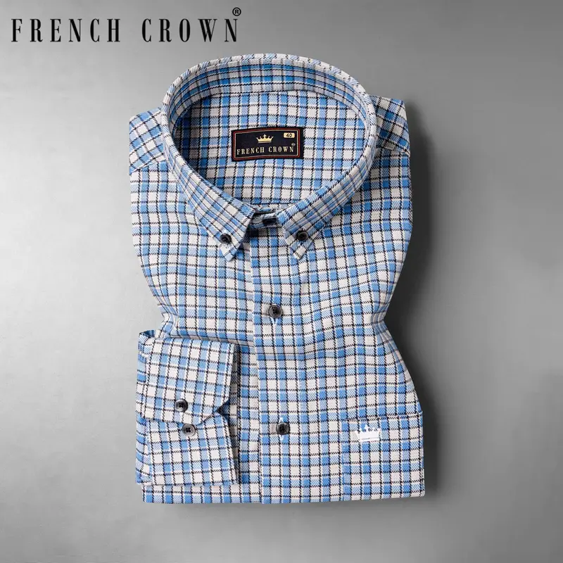 White And Danube Blue Checkered Heavyweight Premium Cotton Overshirt/Shacket 1
