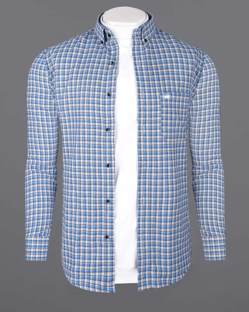 White And Danube Blue Checkered Heavyweight Premium Cotton Overshirt/Shacket 7
