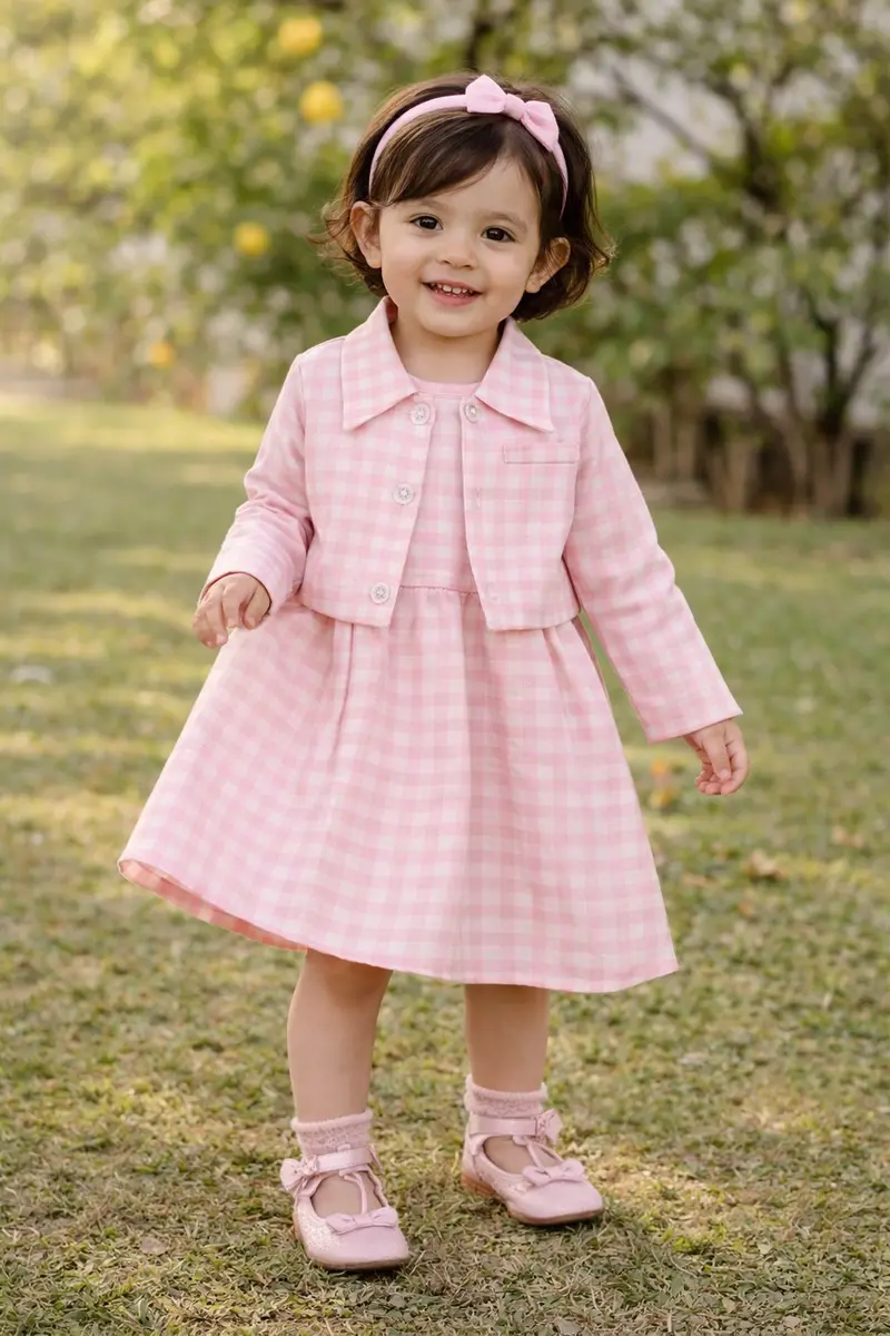 White And Pink Checkered Cotton Blend Skirt And Top Set 1