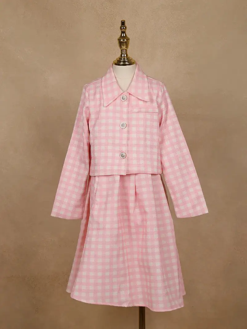 White And Pink Checkered Cotton Blend Skirt And Top Set 2