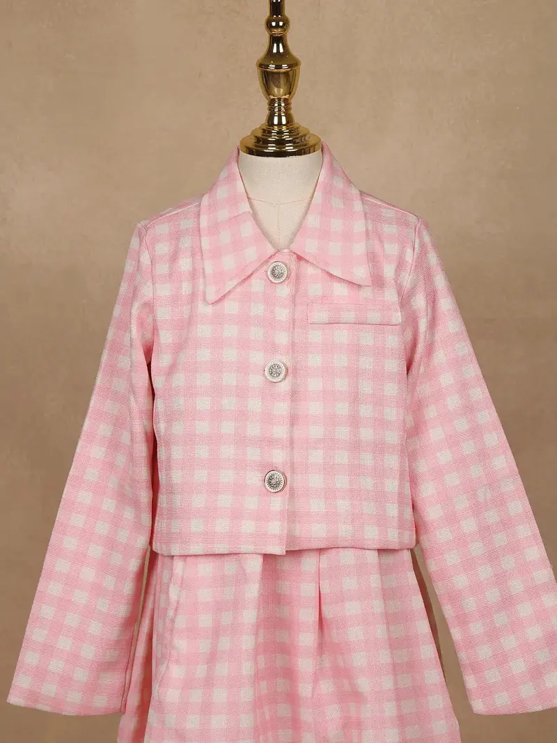 White And Pink Checkered Cotton Blend Skirt And Top Set 3