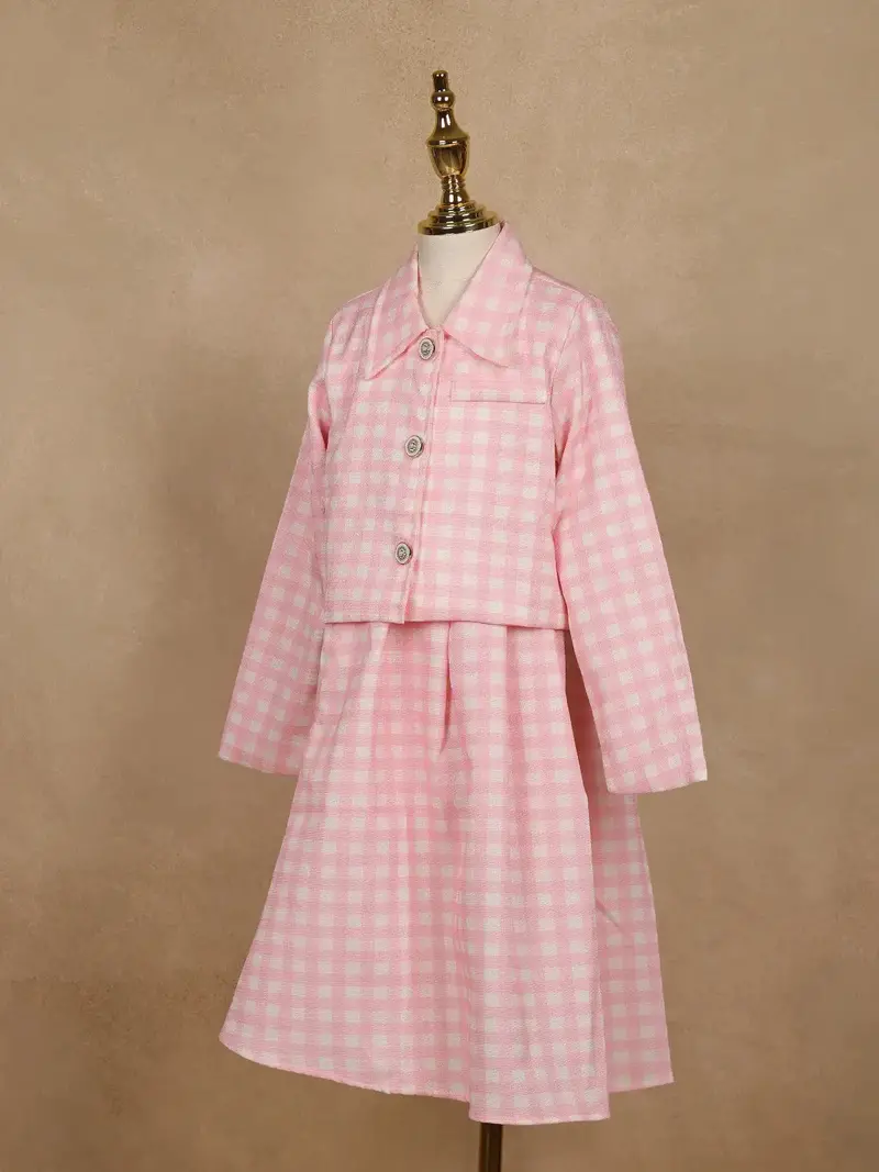 White And Pink Checkered Cotton Blend Skirt And Top Set 4