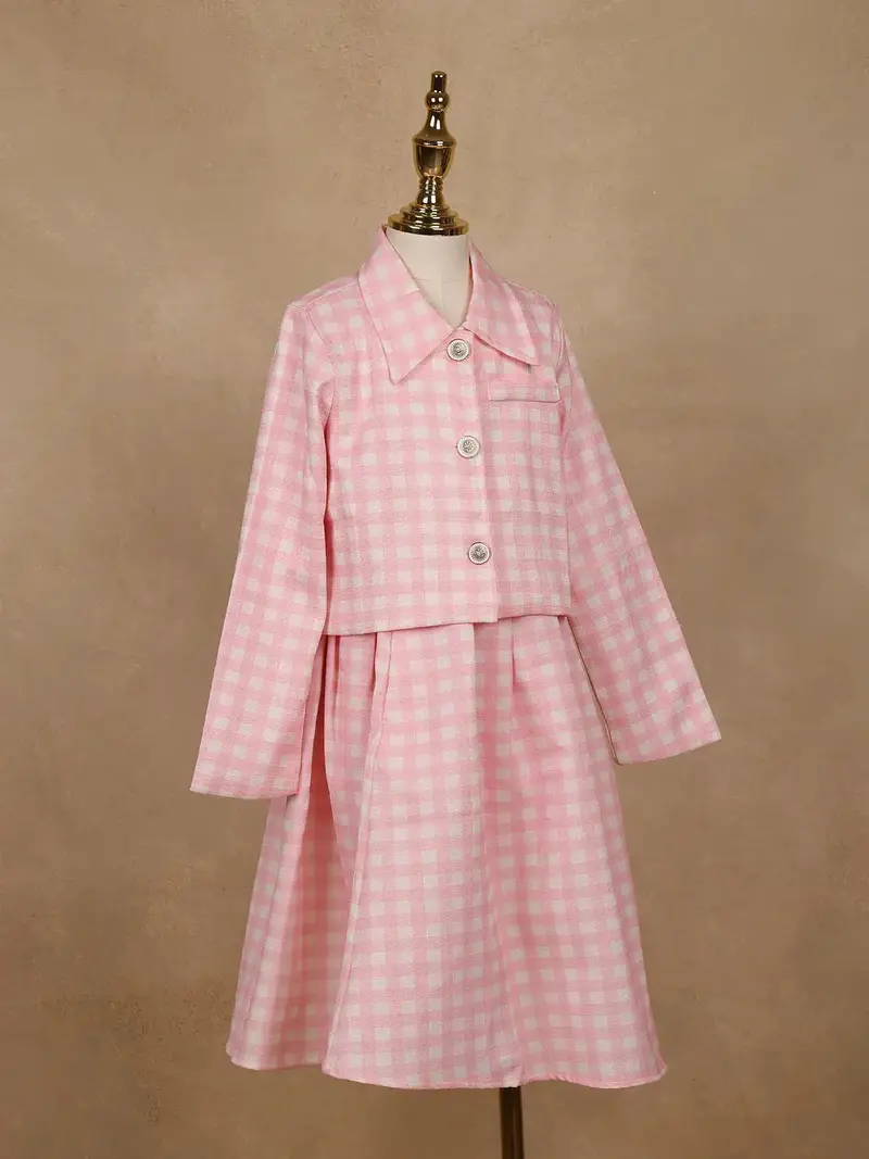 White And Pink Checkered Cotton Blend Skirt And Top Set 5