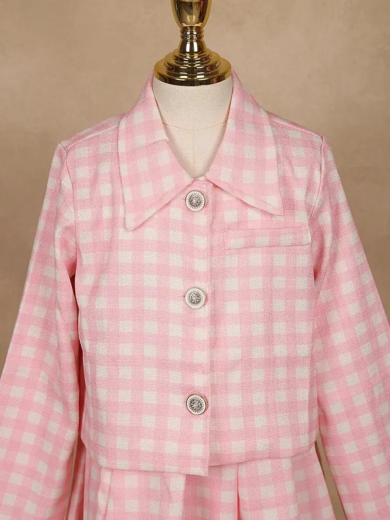 White And Pink Checkered Cotton Blend Skirt And Top Set 6