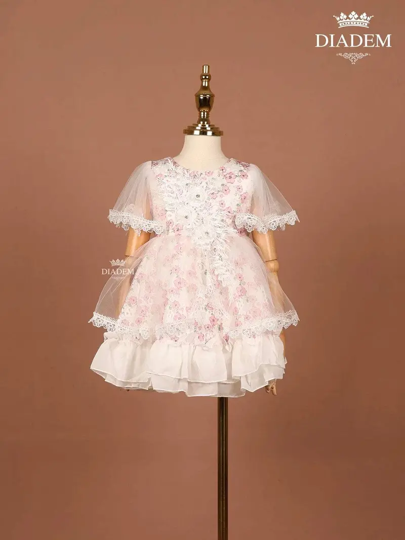 White And Pink Net Frock Adorned With Beads And Floral Laces 1
