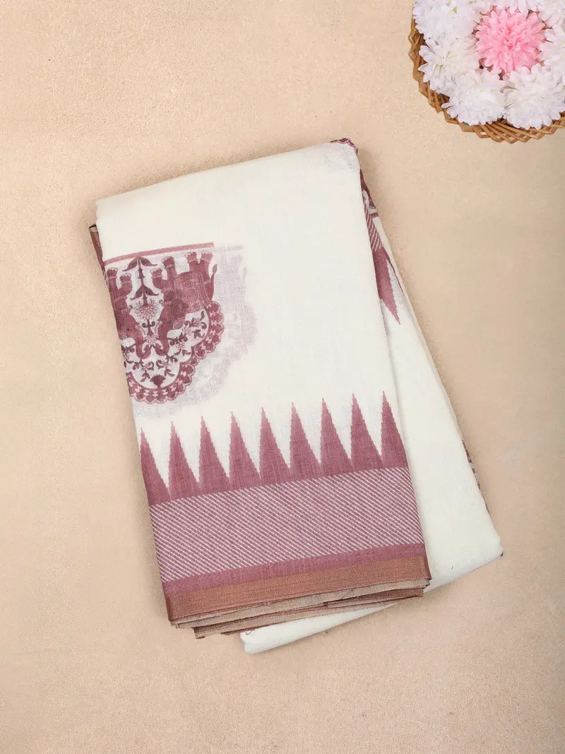 White And Purple Elephant Printed Design Linen Cotton Saree With Contrast Woven Border 1