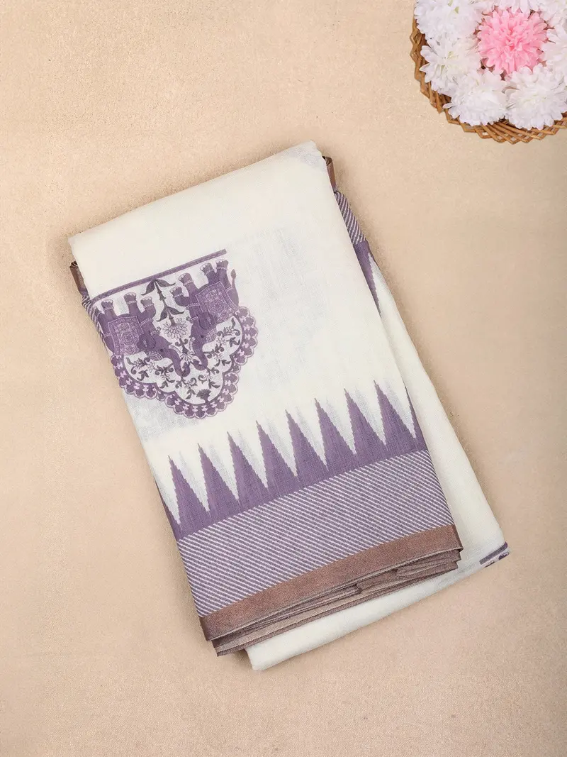 White And Purple Elephant Printed Design Linen Cotton Saree With Contrast Woven Border 1