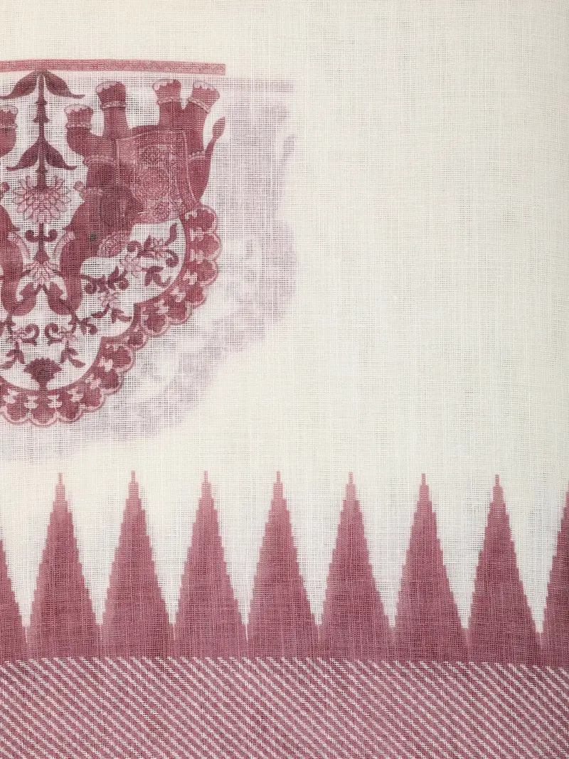 White And Purple Elephant Printed Design Linen Cotton Saree With Contrast Woven Border 2