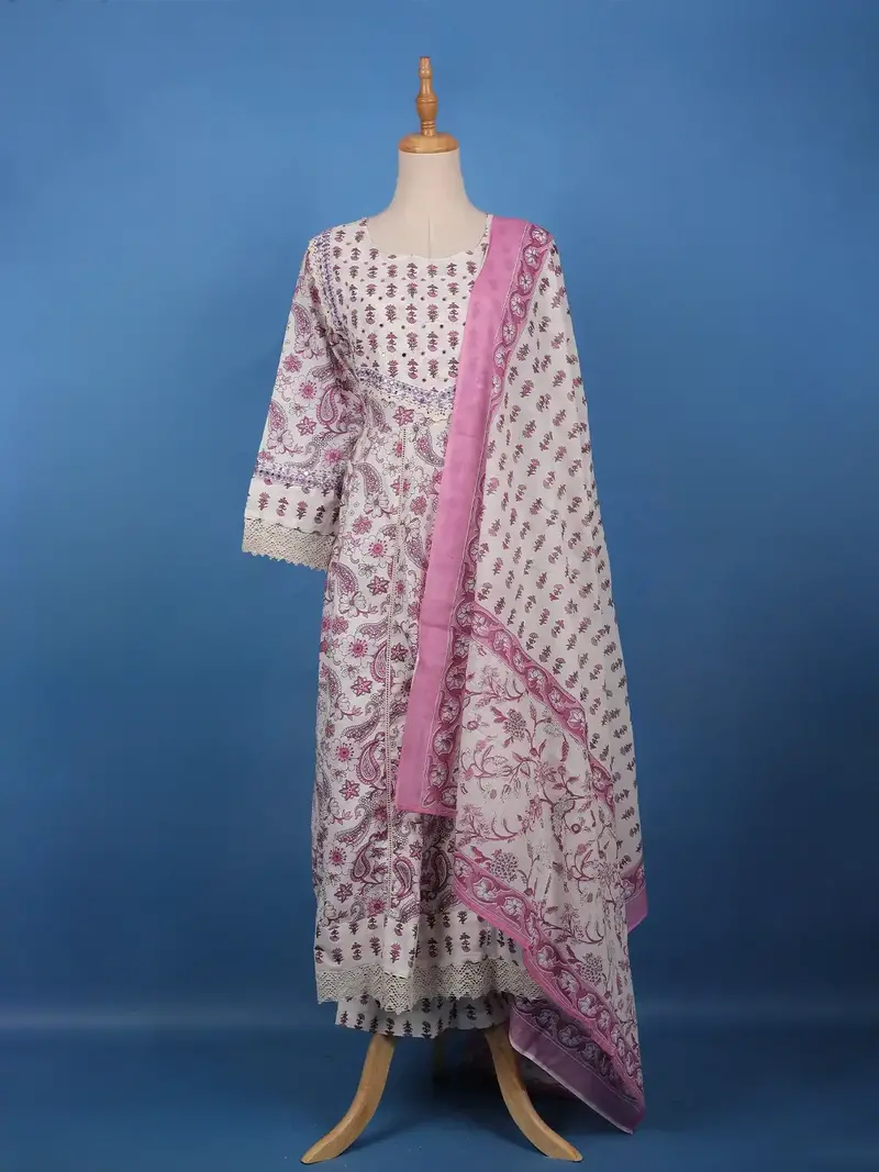 White And Purple Paisley Floral Printed Cotton Salwar Suit Set 1