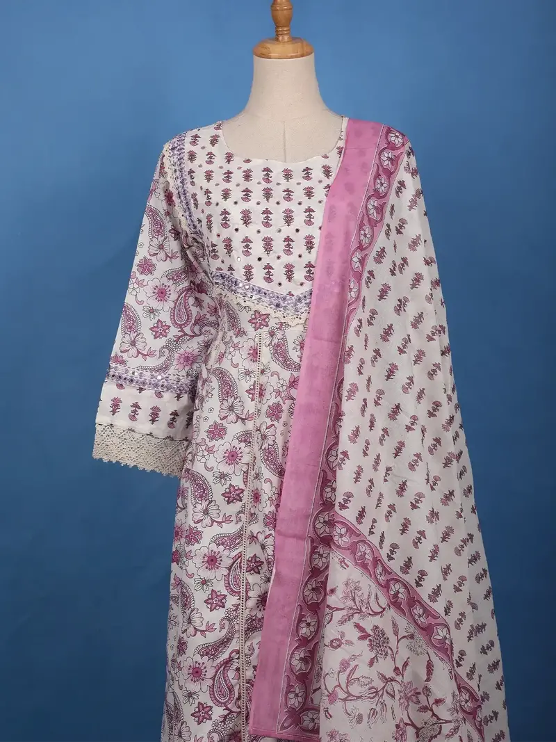 White And Purple Paisley Floral Printed Cotton Salwar Suit Set 2