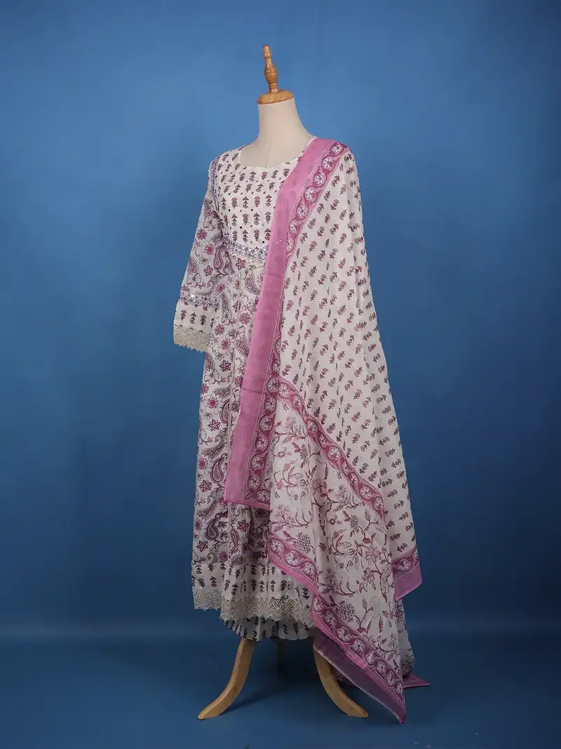 White And Purple Paisley Floral Printed Cotton Salwar Suit Set 3