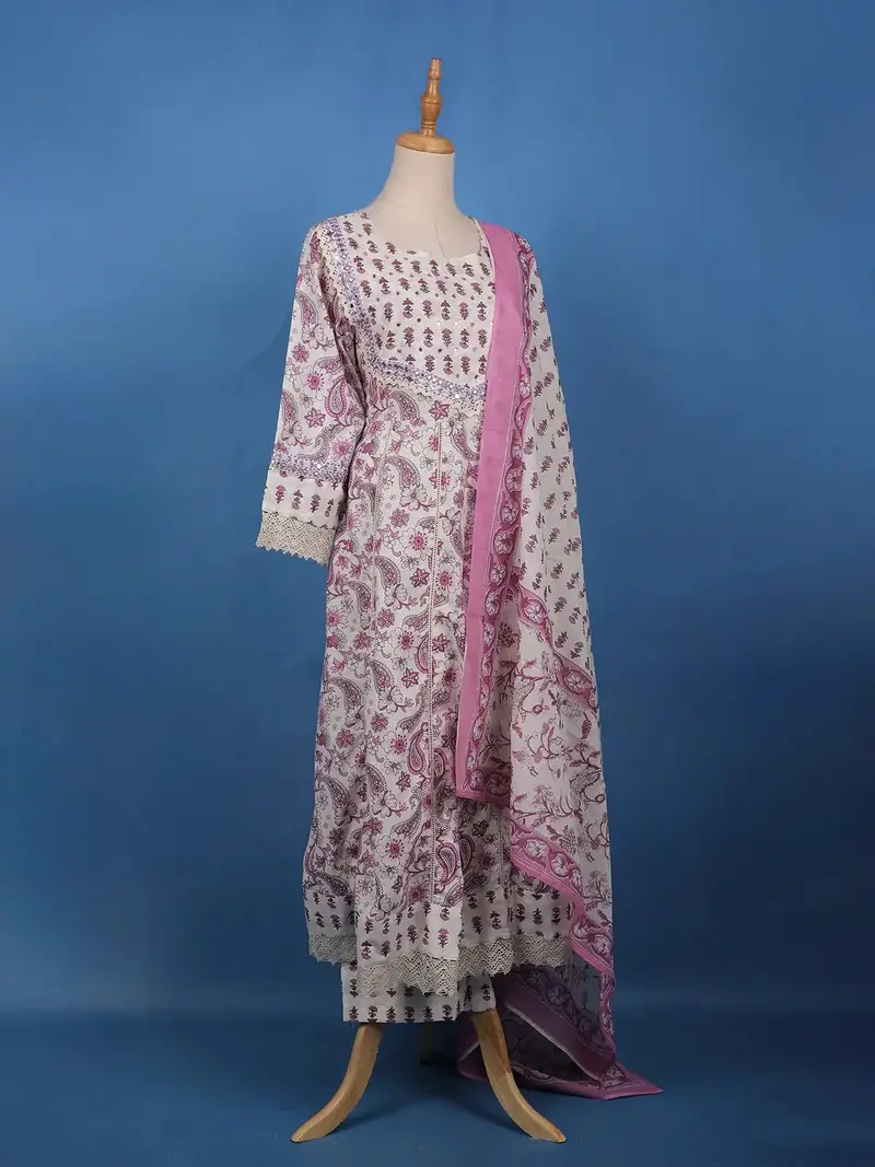 White And Purple Paisley Floral Printed Cotton Salwar Suit Set 4