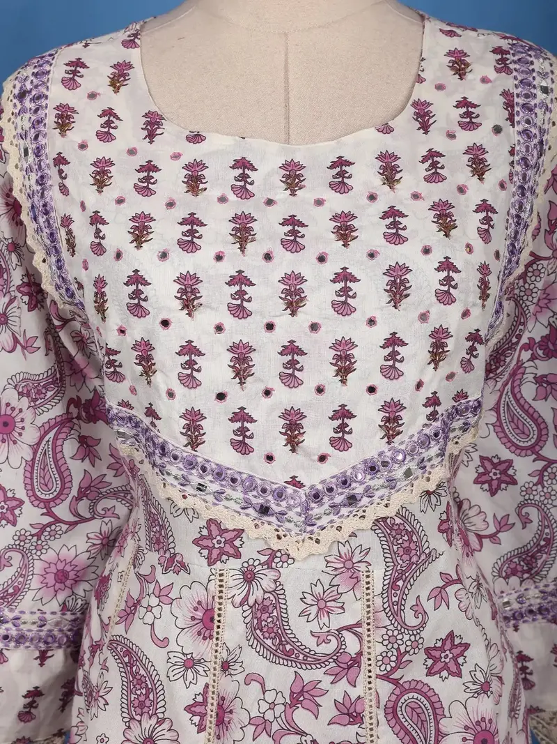 White And Purple Paisley Floral Printed Cotton Salwar Suit Set 5
