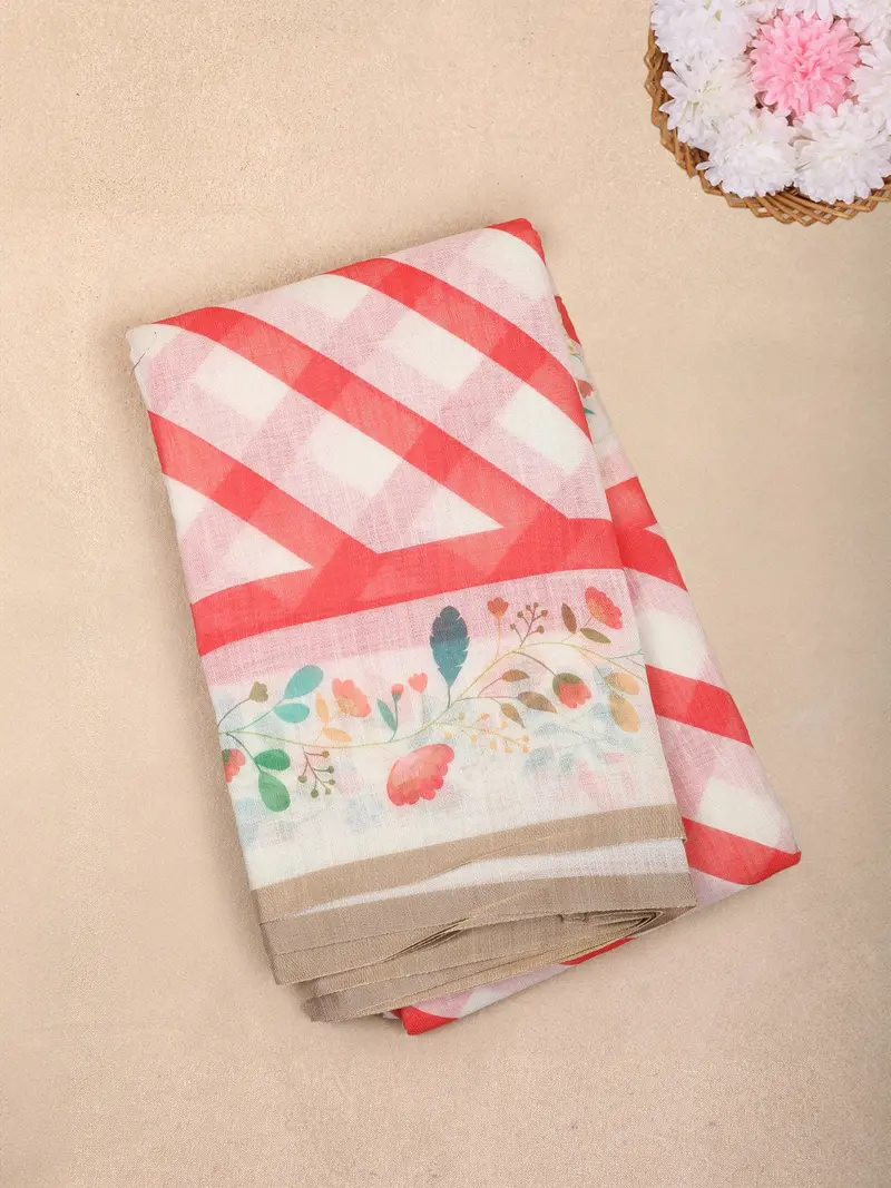 White And Red Checked Printed Design Linen Cotton Saree With Floral Border 1