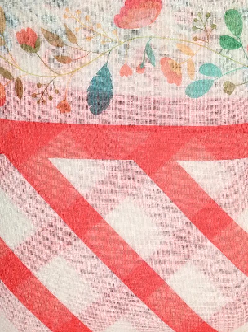 White And Red Checked Printed Design Linen Cotton Saree With Floral Border 2