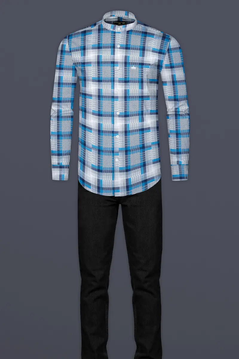 White And Shakespeare Blue Twill Plaid Premium Cotton Shirt 6