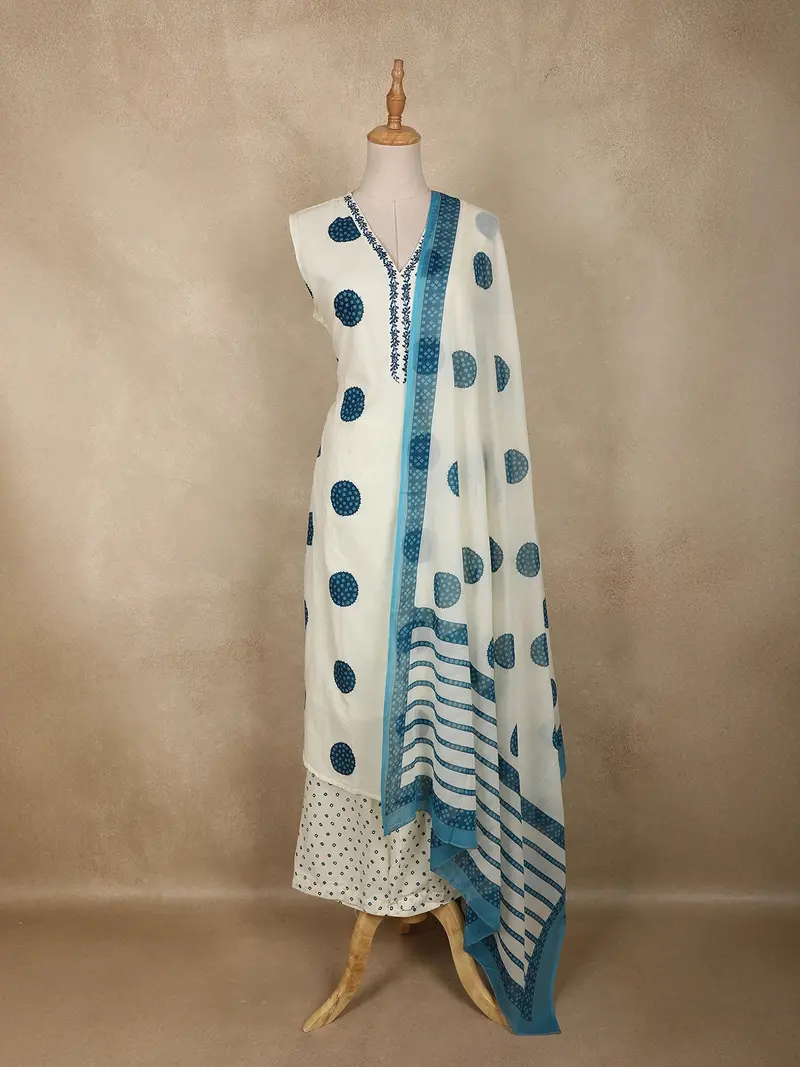 White And Teal Blue Geometric Printed Design Cotton Straight Salwar Suit With Dupatta 1