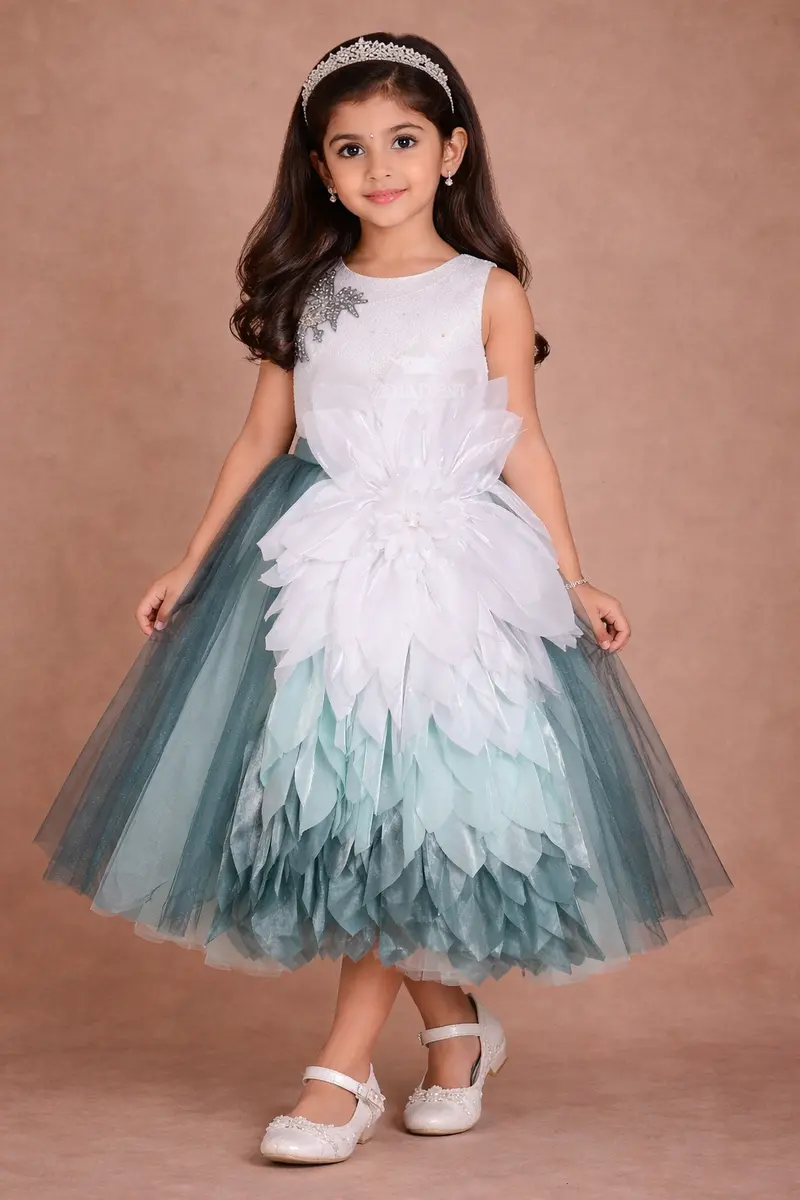 White And Teal Satin Gown Embellished With Embroidery And 3D Flowers 1