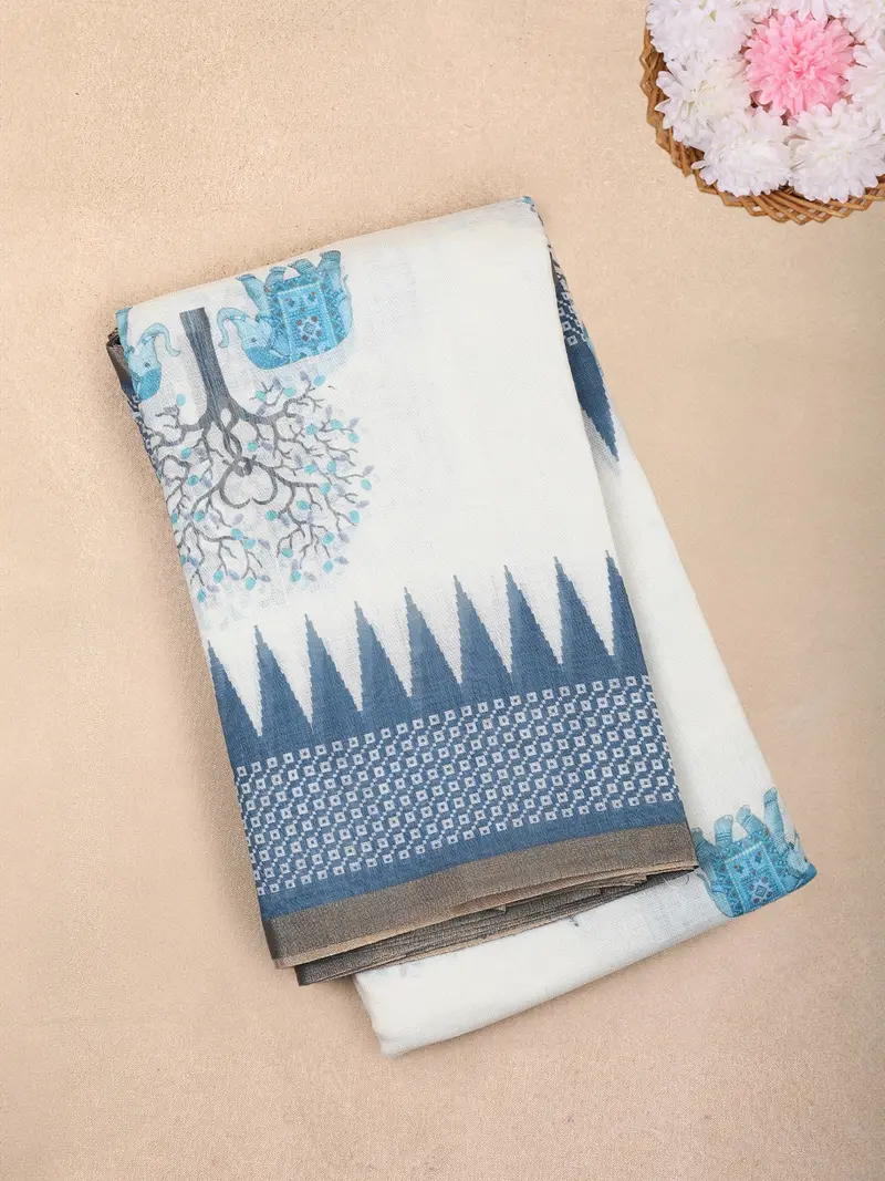 White Blue Elephant Printed Linen Cotton Saree With Contrast Woven Border 1