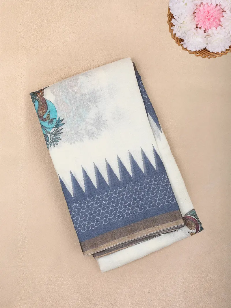 White Blue Peacock Printed Linen Cotton Saree With Contrast Woven Border 1
