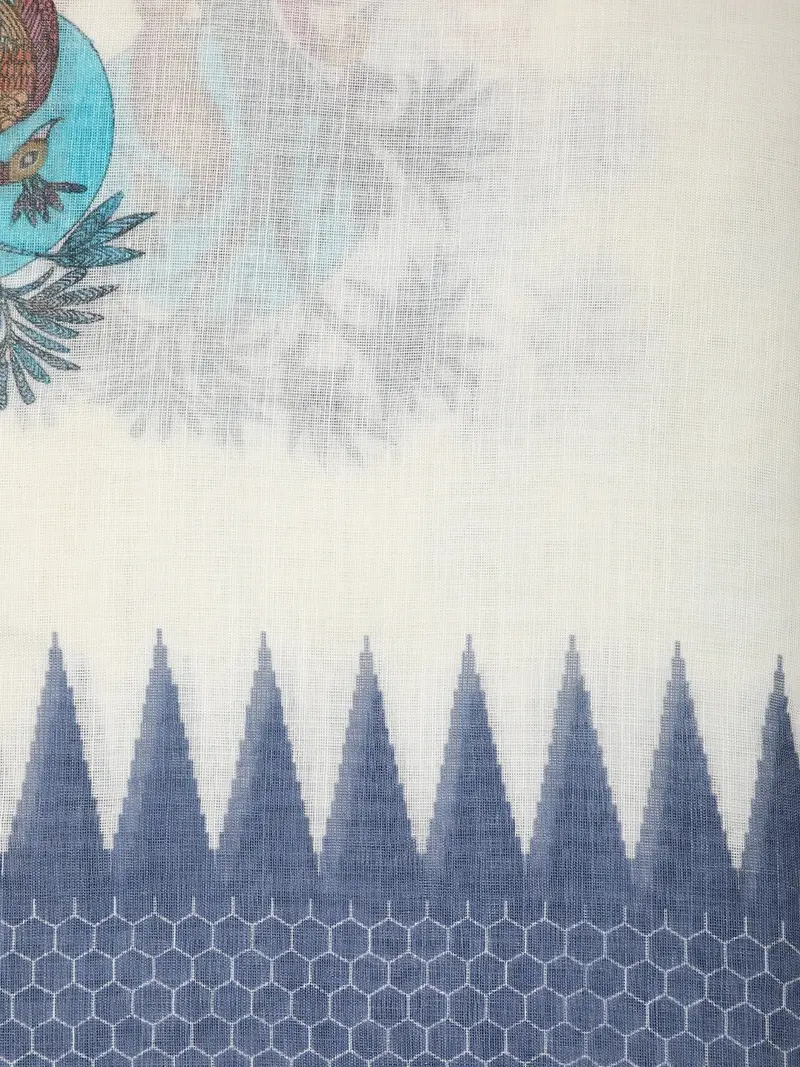 White Blue Peacock Printed Linen Cotton Saree With Contrast Woven Border 2