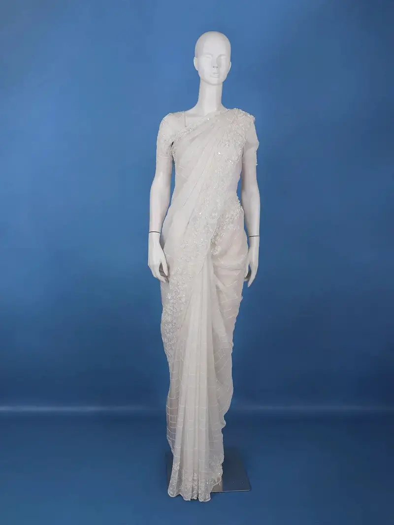 White Checked Design Synthetic Saree With Floral Embroidered Border 1
