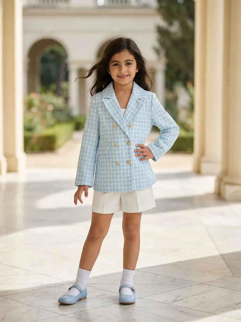 White Cotton Blend Blazer With Blue Check Print For Girls 1