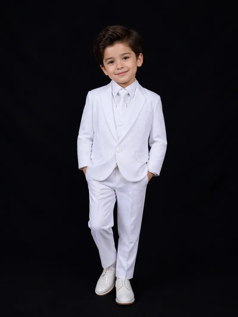 White Cotton Blend Suit Coat With Matching Tie For Boys 1