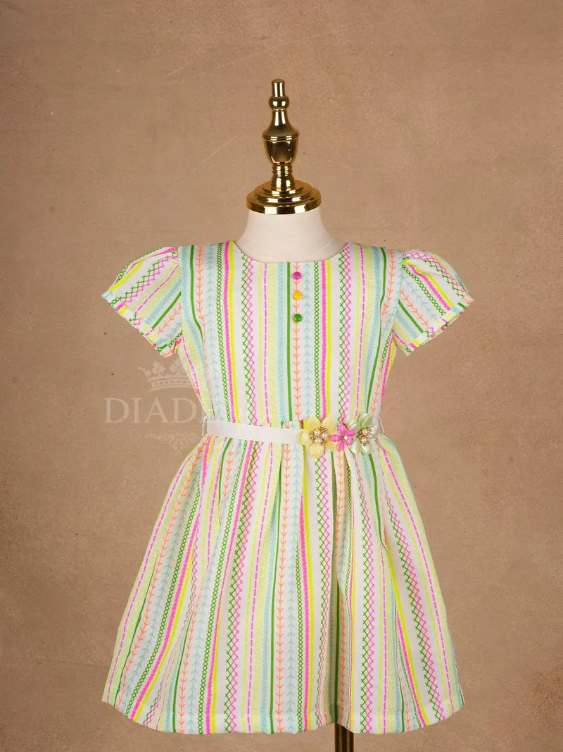 White Cotton Frock Adorned With Colorful Geometric Patterns For Girls 1