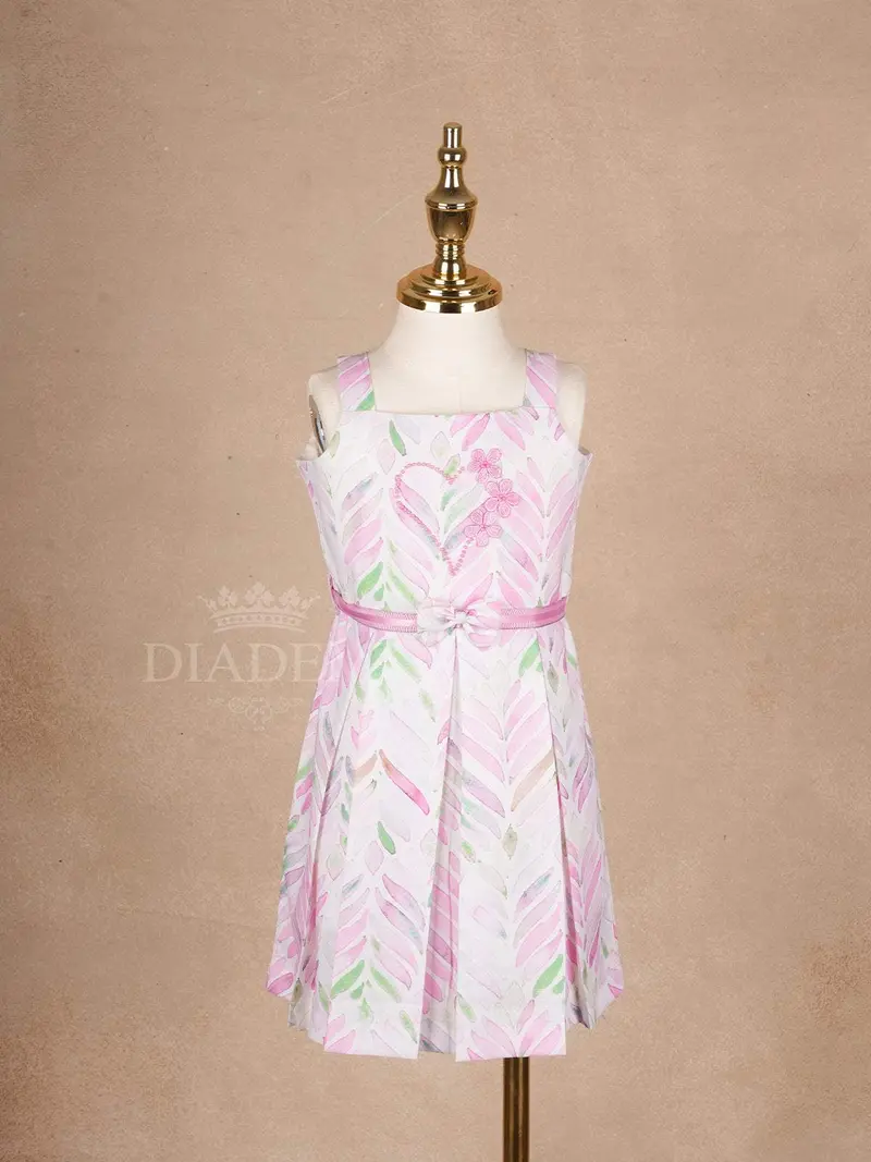 White Cotton Frock Adorned With Floral And Leaves Pattern And Sleeveless For Girls 1