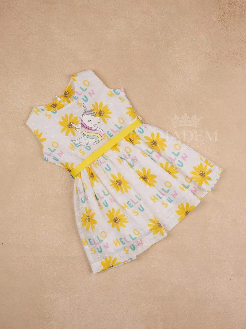 White Cotton Frock Adorned With Floral And Unicorn Designs For Girls 1