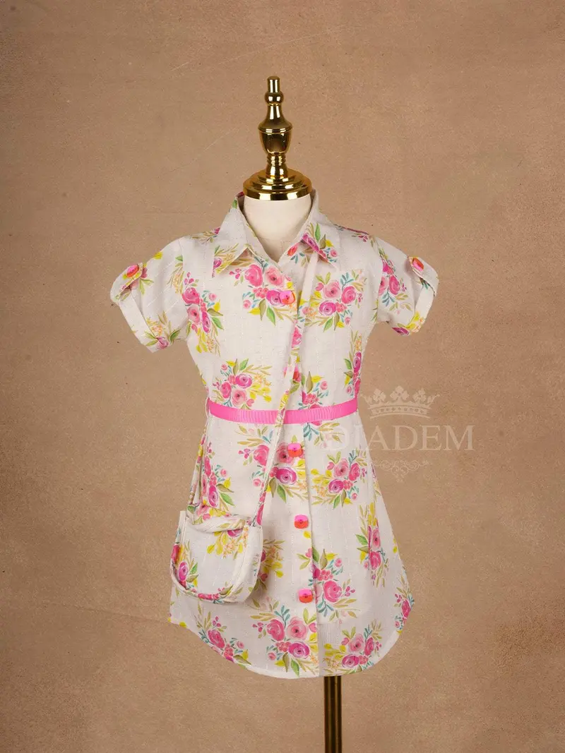 White Cotton Frock Adorned With Floral Designs, Collar And Sling Bag For Girls 1