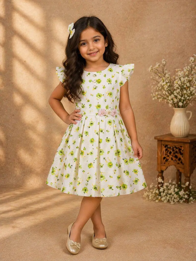 White Cotton Frock Adorned With Floral Designs For Girls 1