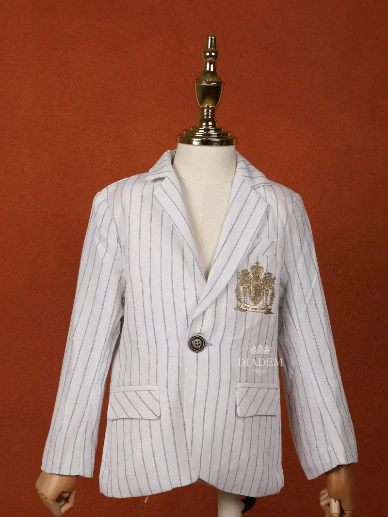 White Cotton Full Sleeve Blazer With Blue Stripes For Boys 1